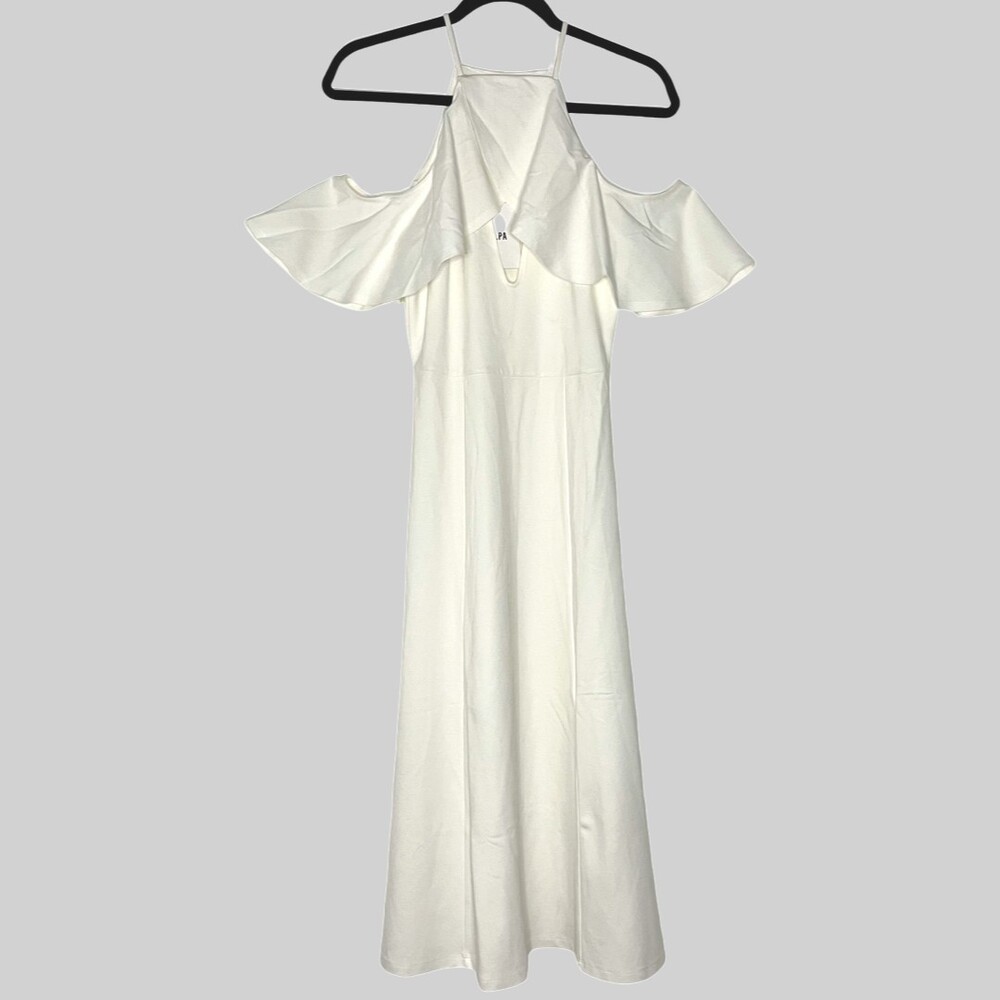 LPA Womens Dress Medium White Ponte Ruffle Cold Shoulder Midi Revolve 161 Cream